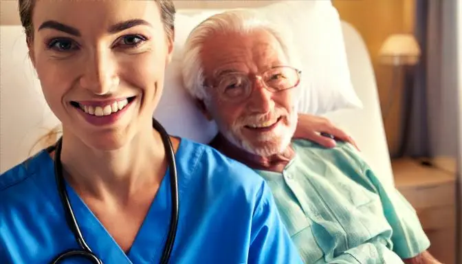 smiling female nurse in blue scrubs helping an elderly male patient in a hospital